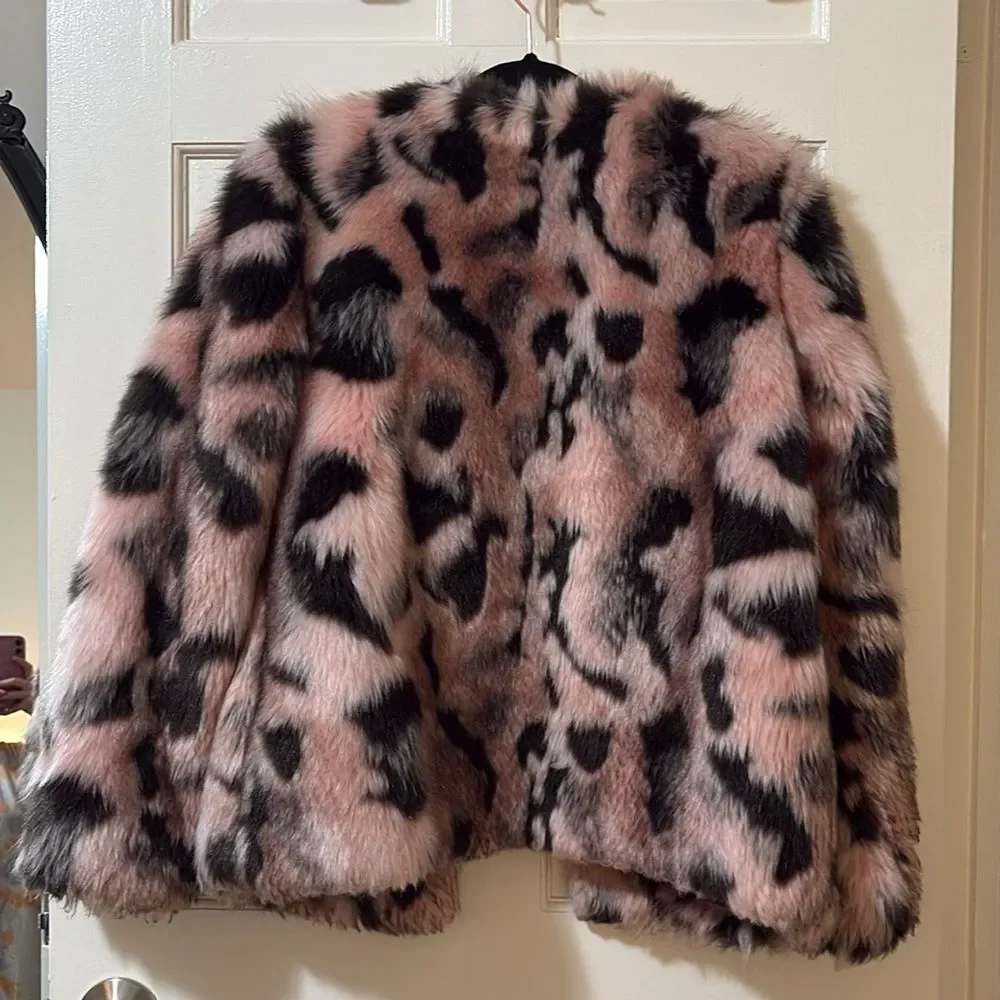 ASOS Faux Fur Leopard-Print Jacket in Pink and Black